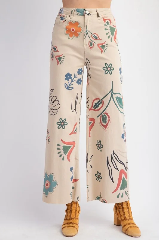 Khaki Relaxed Fit Twill Pants w/ Flowery Vibe