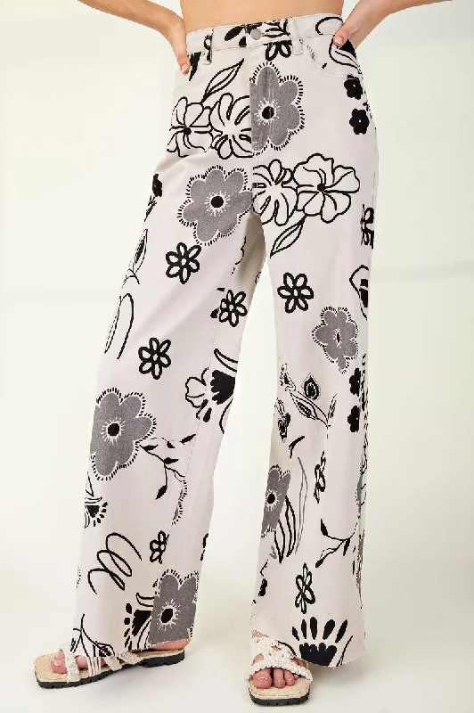 Stone w/ Black Floral Wide Leg Pants