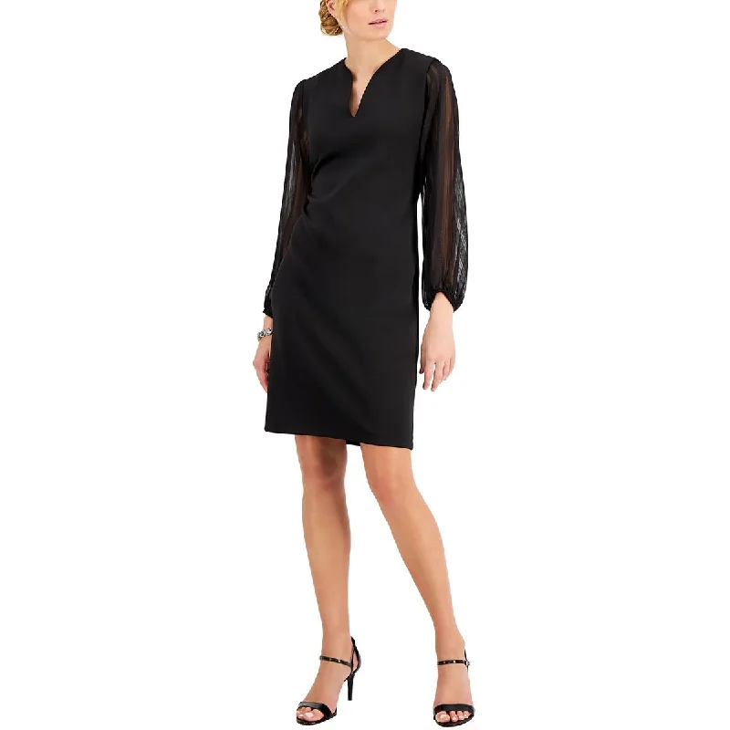 Connected Apparel Womens Petites Sheer V-Neck Sheath Dress