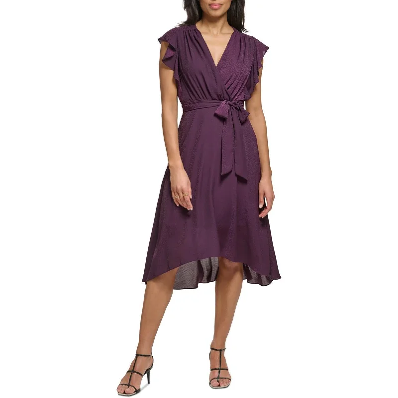 DKNY Womens Midi Flutter Sleeve Midi Dress