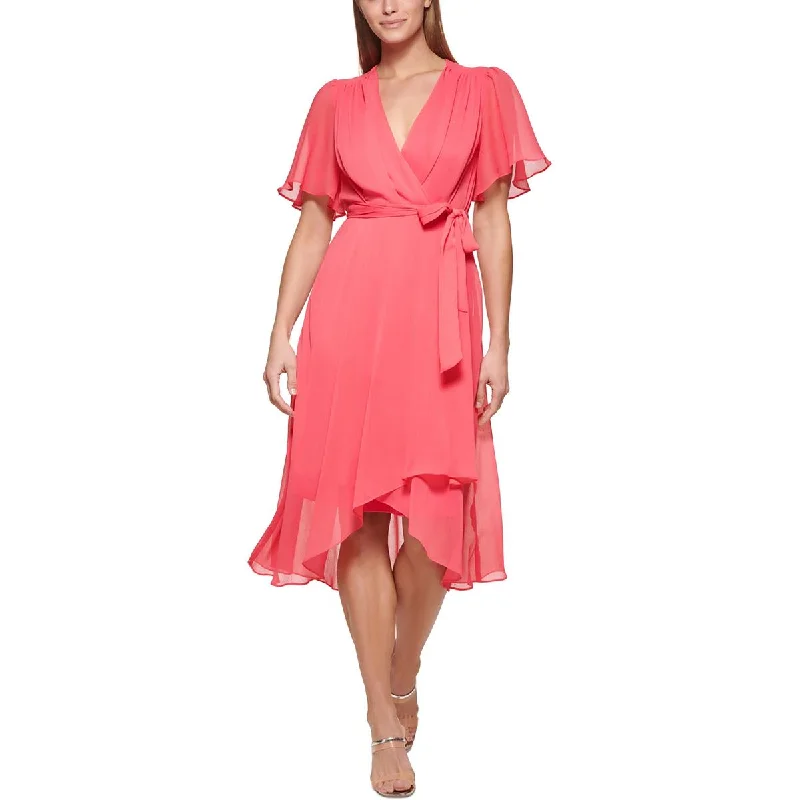 DKNY Womens Petites Flutter Sleeves Belted Midi Dress