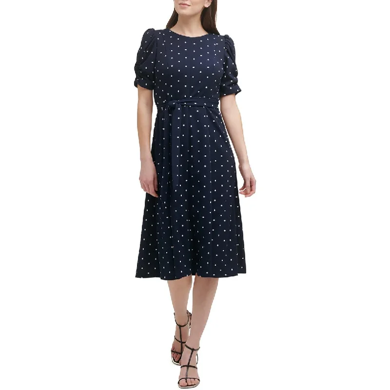 DKNY Womens Petites Polka Dot Mid Calf Midi Dress