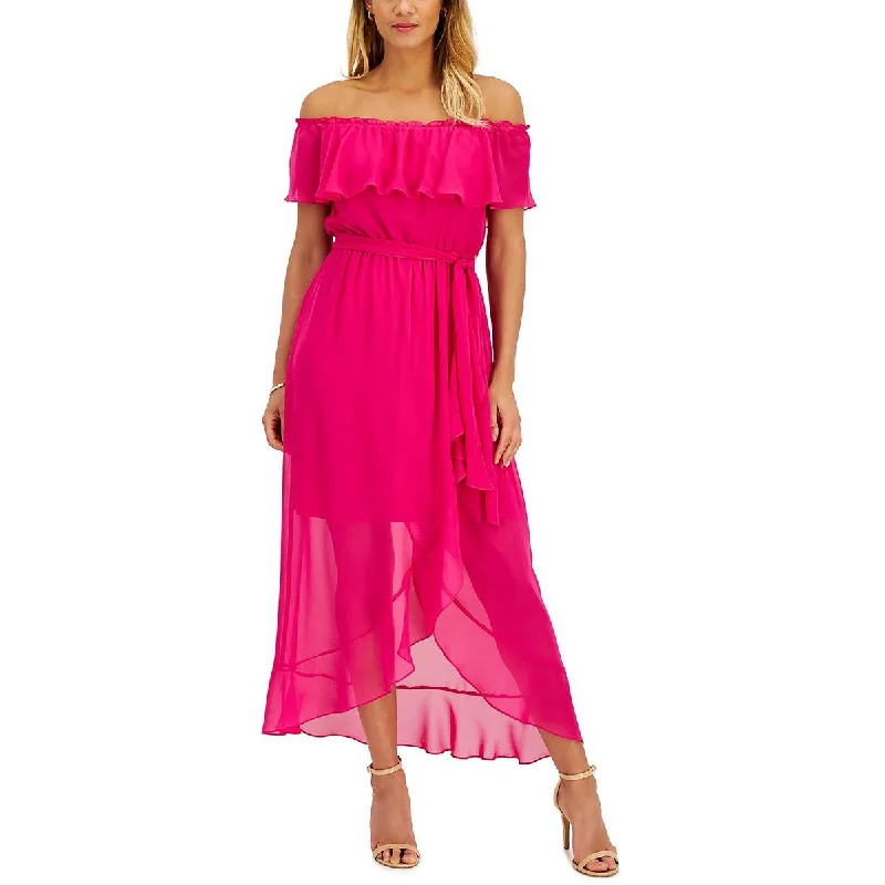 SLNY Womens Chiffon Belted Maxi Dress