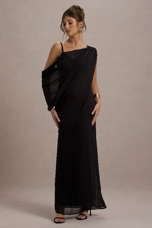 Aeliana | Black Strappy V-Neck Maxi Dress With Chiffon Sash