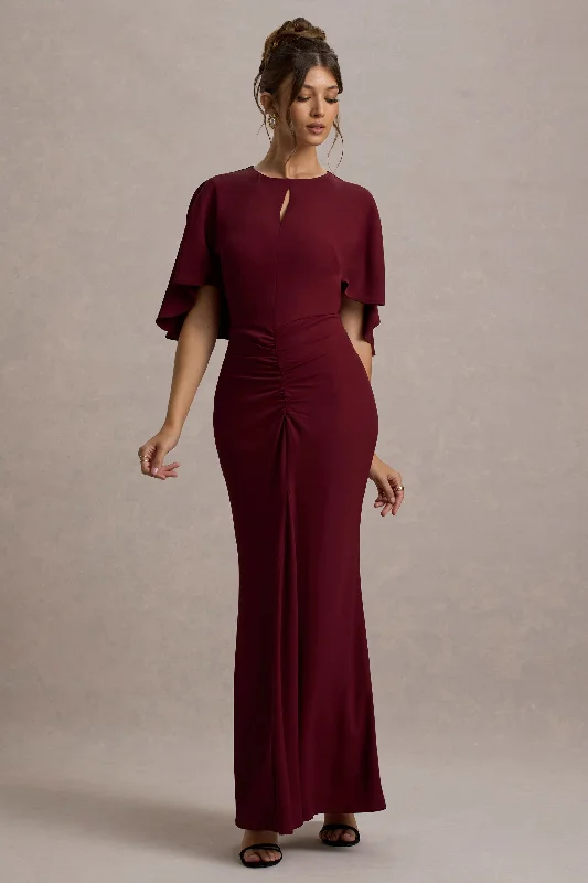 Allison | Berry High-Neck Maxi Dress With Cape