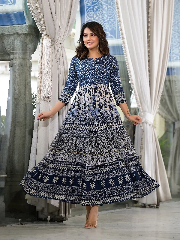 Blue Ethnic Motif Printed Liva Rayon Dress With Buttons & Lace