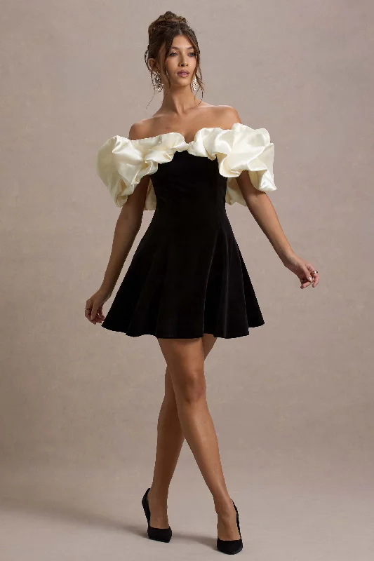 Brynne | Black & Cream Velvet Mini Dress With Satin Puff Sleeves