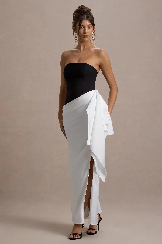 Kalinda | Black And White Strapless Maxi Dress With Draped Skirt