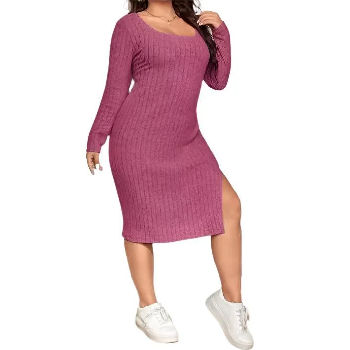 Solid Color High Slit Long Sleeve Dress