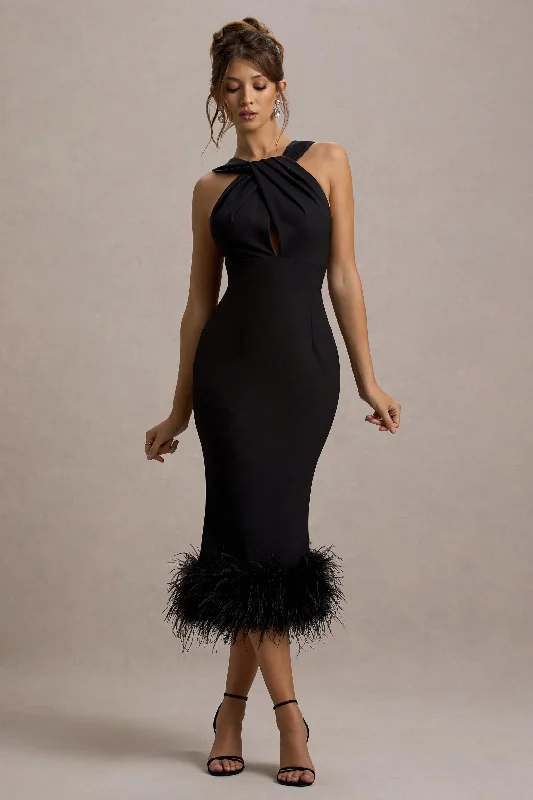 Titania | Black Twist-Neck Feather Hem Midi Dress