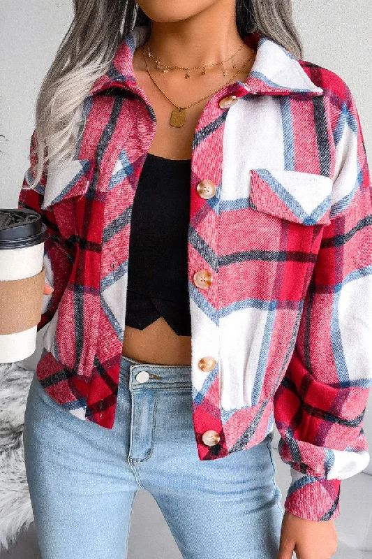 WOMEN PLAID PATTERN BUTTON UP SHORT LENGTH JACKET