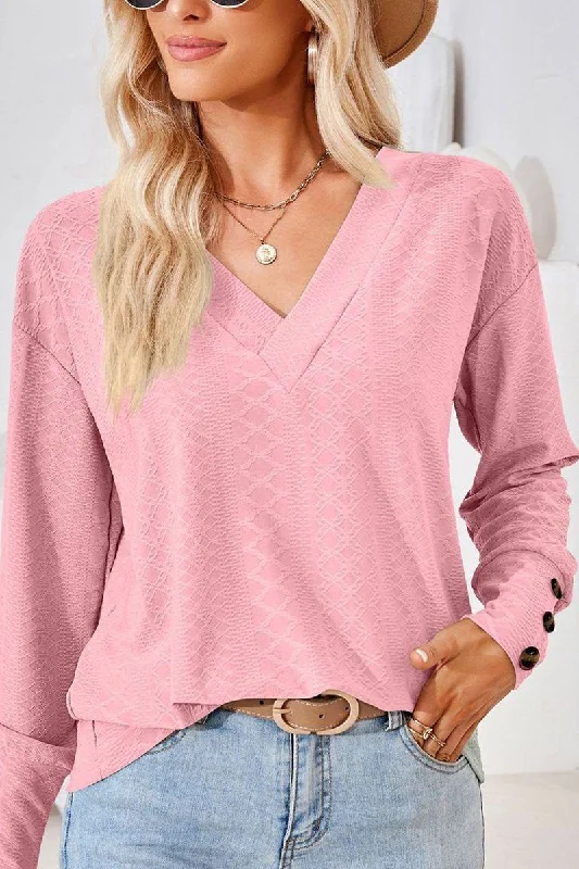 WOMEN V NECK BUTTONED CUFF LOOSE FIT BLOUSE