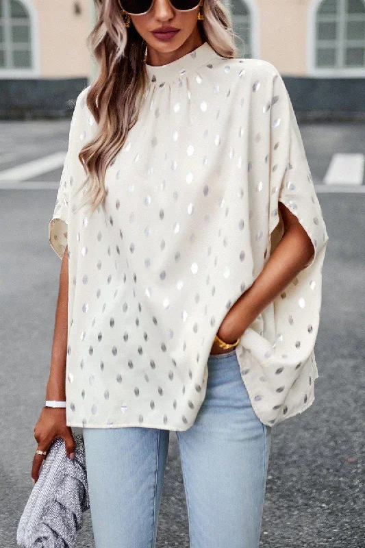 WOMEN SILVER POLKA DOT OVERSIZED HIGH NECK BLOUSE